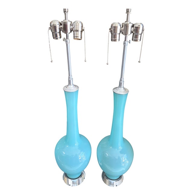 Murano Pair of Mid Century Modern Blue Murano Glass Table Lamps For Sale - Image 4 of 4