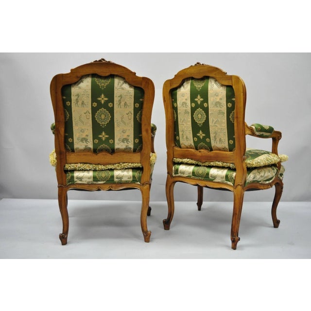Antique French Louis XV Style Green & Gold Walnut Fauteuil Arm Chairs - A Pair For Sale - Image 9 of 12