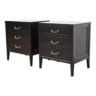American of Martinsville Mid-Century French Regency Black Lacquered Nightstands, Newly Refinished For Sale