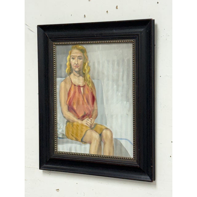 Design Plus Gallery presents a Figurative Acrylic Painting. This portrait composition depicts a seated female figure...