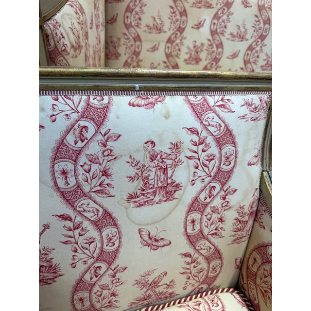 Louis XVI Living Room Sofa and Bergère Chairs in Painted Wood and Toile de Jouy, Set of 3 For Sale - Image 13 of 14