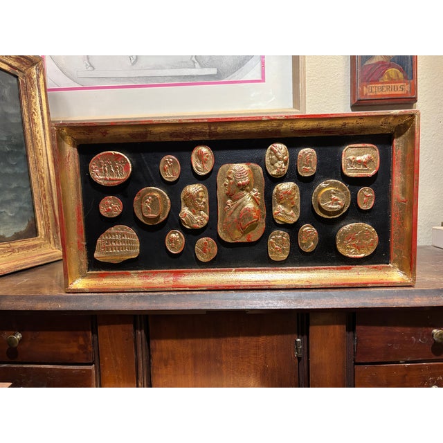 Gold Neoclassical Vintage Grand Tour Gilded Cameo Intaglio Arrangement in Gilded Frame For Sale - Image 8 of 8
