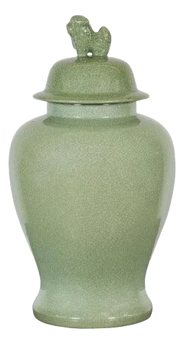 Crackle Green Celadon Lidded Vase with Stylized Foo Dog Finial
