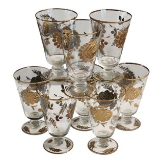 1960s Set of 8 24k Gold Encrusted Crystal Liqueur Footed Mini Tumbler Glasses Barware Set For Sale