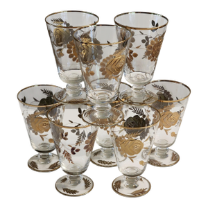 1960s Set of 8 24k Gold Encrusted Crystal Liqueur Footed Mini Tumbler Glasses Barware Set