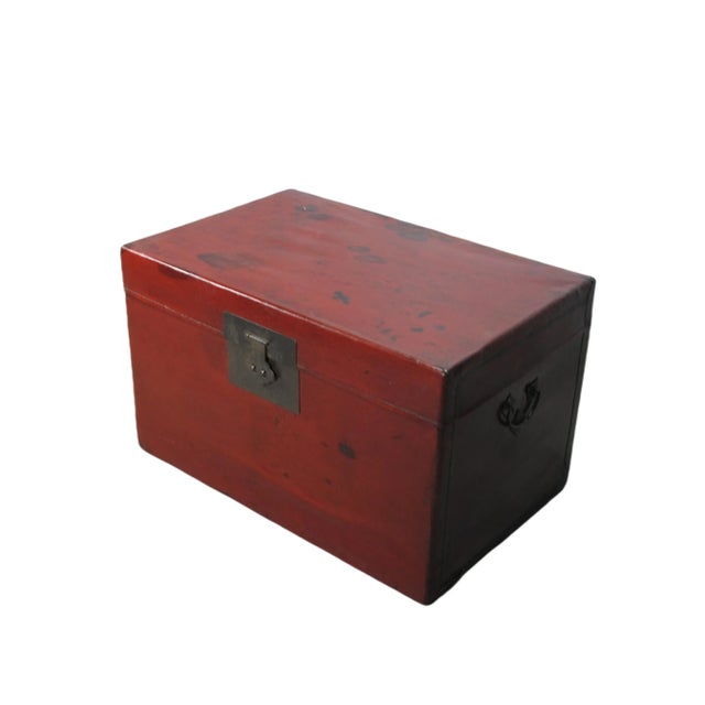 Chinese Red 31" Inch Long Antique Red Leather Accent Trunk Table For Sale - Image 3 of 12