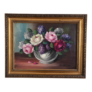 Vintage Original Flower Still Life Oil Painting: Framed Floral Art