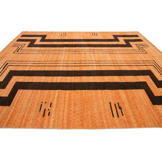 Orange 10 X 12 Modern Hand Loom Designed Wool Rug in Orange For Sale - Image 8 of 11