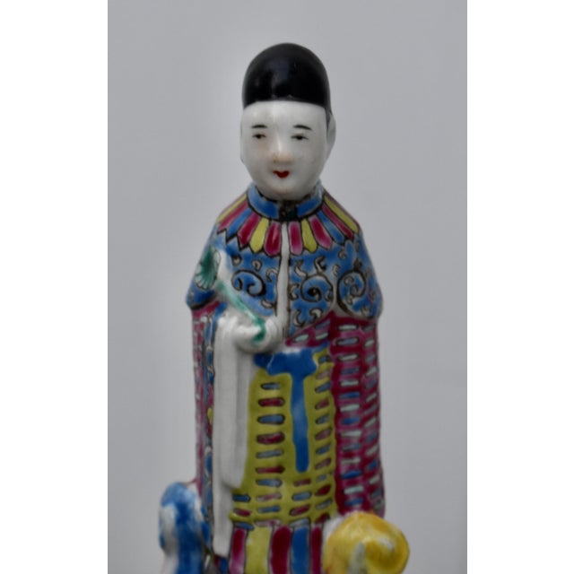 Vintage Chinese Famille Rose Porcelain Figurine Scholar Court Figure Wood Stand For Sale - Image 4 of 15