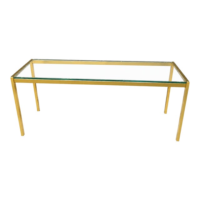 1970s Gold Metal Glass Top Console Table For Sale