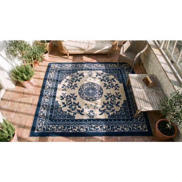 Sensational Floral-Medallion on a Ivory Background and Blue Border Antique Chinese Ningxia Rug For Sale - Image 9 of 10