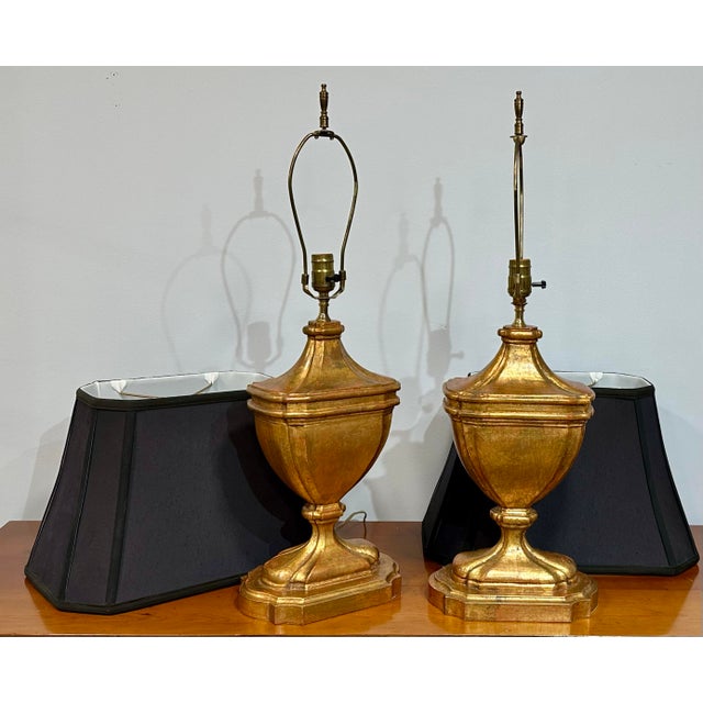 2010s Antiqued Gold Leaf Urn Form Table Lamps With Black Shades - a Pair For Sale - Image 5 of 10