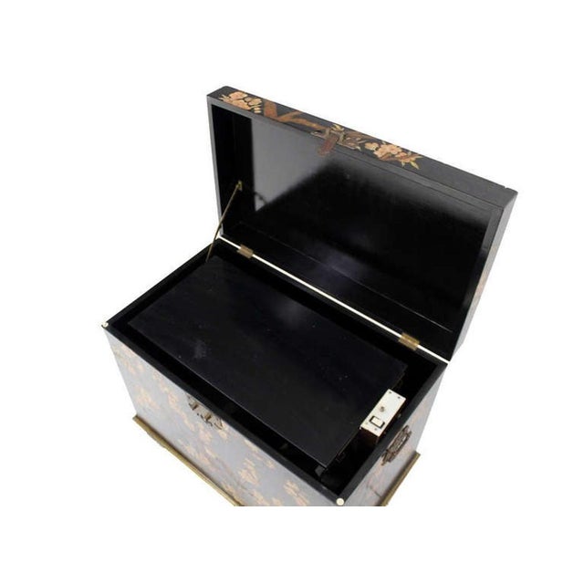 Arts & Crafts Oriental Hand Painted Black Lacquer Bar Trunk Chest Electric Lift Shelf Inside For Sale - Image 3 of 9
