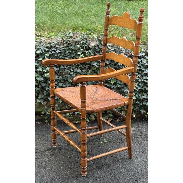 Pair of Rustic English Country Ladder-Back Armchairs With Woven Rush Seats For Sale - Image 9 of 12
