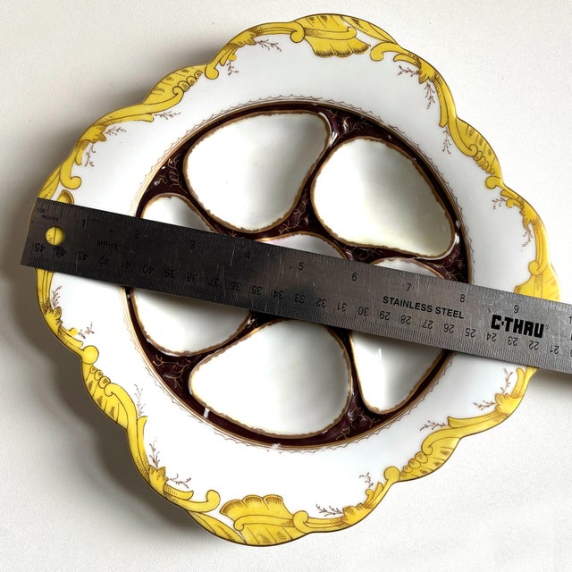Victorian Antique German Porcelain Oyster Plate – Hand-Painted, Yellow & Gold Trim, C. 1890-1910 For Sale - Image 3 of 4