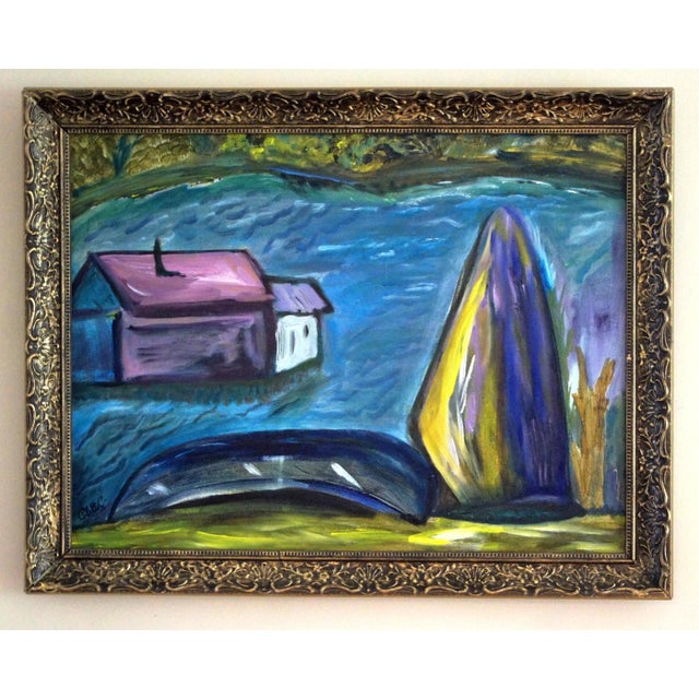 1980s Colette Calilhanna "Purple Village" Expressionist Acrylic Framed Painting For Sale - Image 11 of 11
