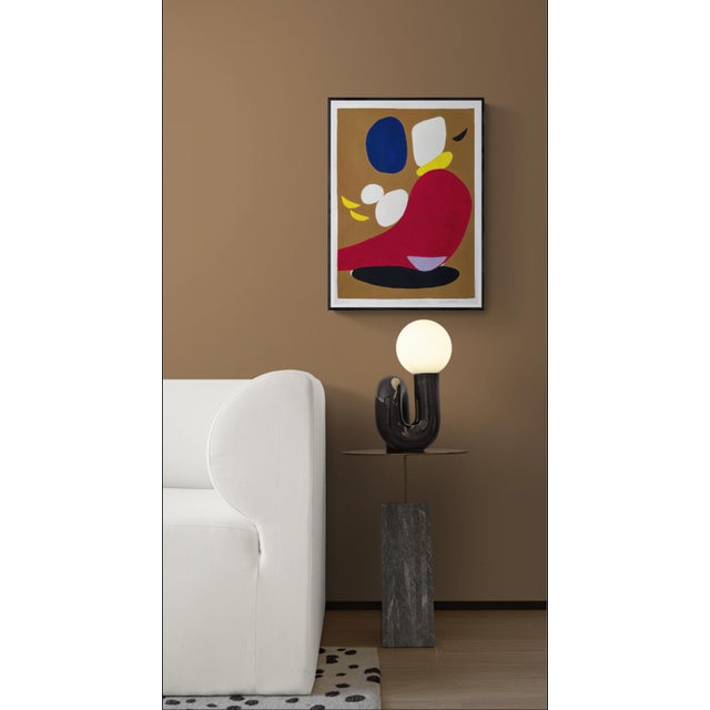 This piece depicts a mid century Bauhaus sensibility in terms of minimalist shapes and primary color scheme. Background...