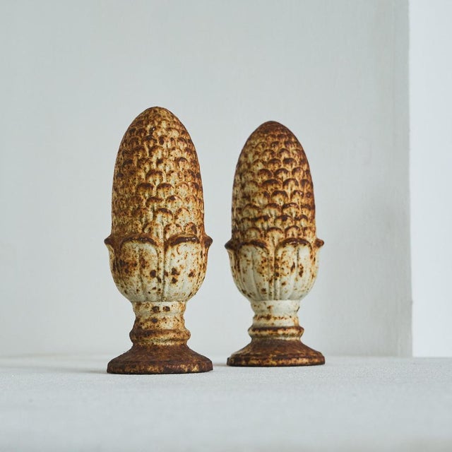 Wonderful Pair of Patinated Cast Iron Pinecone Finials / Sculptures, Europe, 19th Century. A matched pair of decorative...