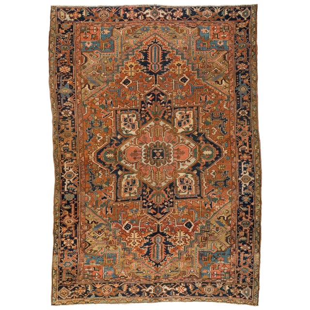 1920s 1920s Brown Rust Navy Blue Geometric Persian Heriz Rug For Sale - Image 5 of 5