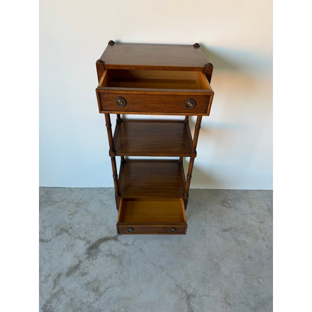 Wood 1970’s Vintage Mount Airy Three-Tier Walnut Etagere With Drawers & Brass Casters For Sale - Image 7 of 12