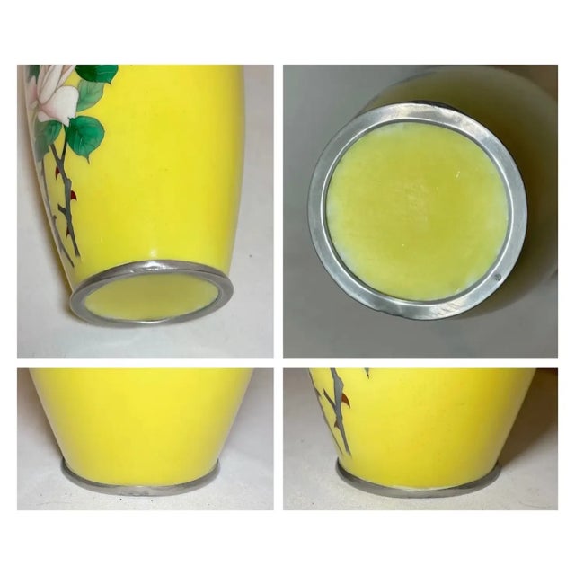 Yellow Antique Signed Japanese Ando Handmade Yellow Enamel Silver Floral Cloisonné Vase For Sale - Image 8 of 12