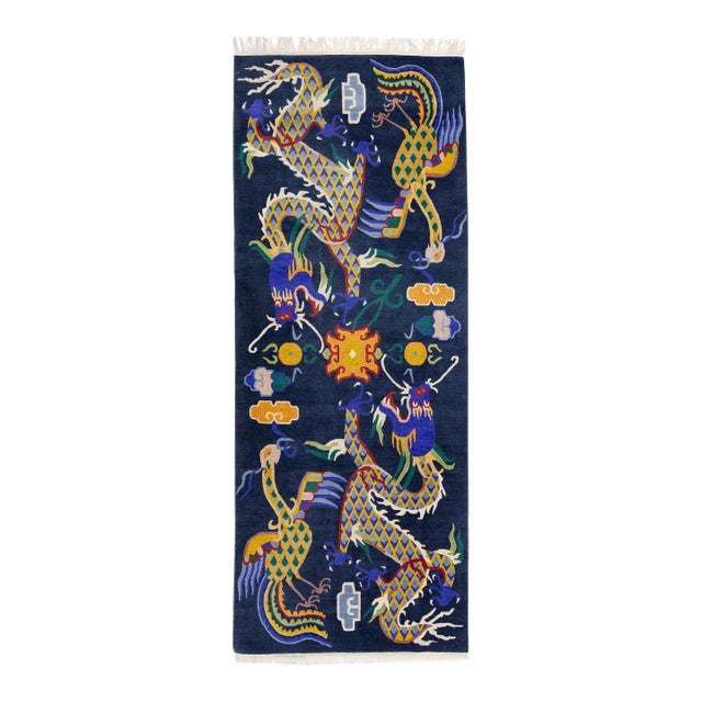 Chinese Vintage Peking Blue Handmade Wool Rug With Mullticolor Dragon Motif For Sale