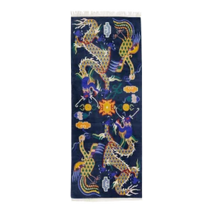 Chinese Vintage Peking Blue Handmade Wool Rug With Mullticolor Dragon Motif