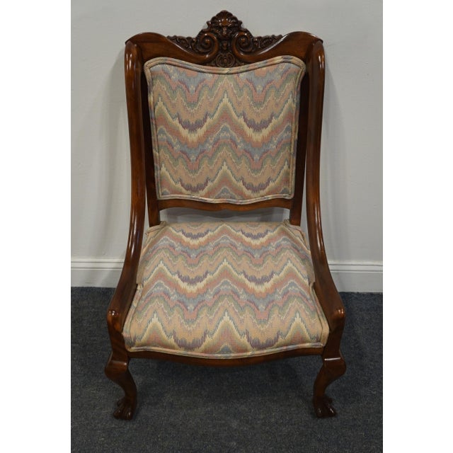 Vintage Antique Solid Mahogany Gothic Revival Jacobean Upholstered Arm Chair For Sale - Image 9 of 10