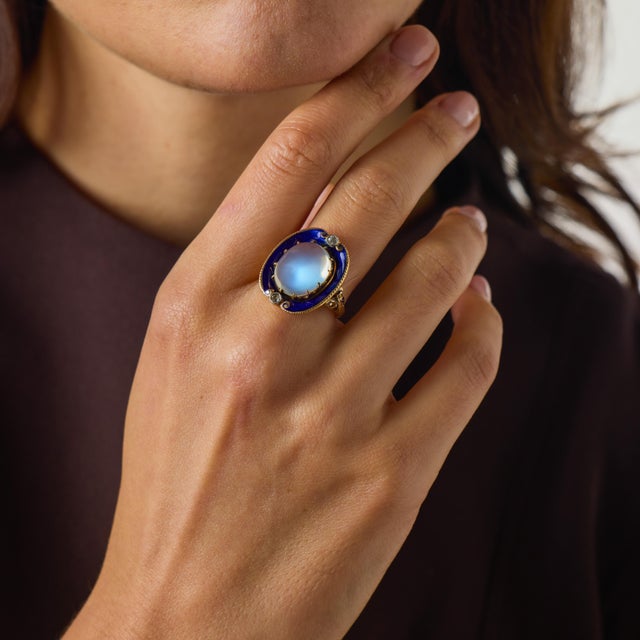 Early 20th Century Early 20th Century Victorian Moonstone Diamond Blue Enamel 14k Yellow Gold Ring, Size 6 For Sale - Image 5 of 6