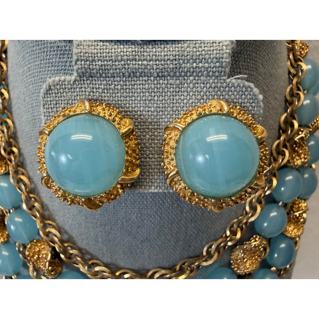 Trifari Trifari 4 Strand Etruscan Alfred Philippe Aqua Lucite Necklace Earrings Set For Sale - Image 4 of 8