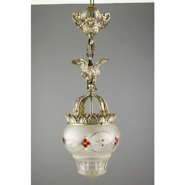 Neoclassical Style Bronze and Frosted Glass Pendant Light with an Eagle, 1920s For Sale - Image 13 of 18
