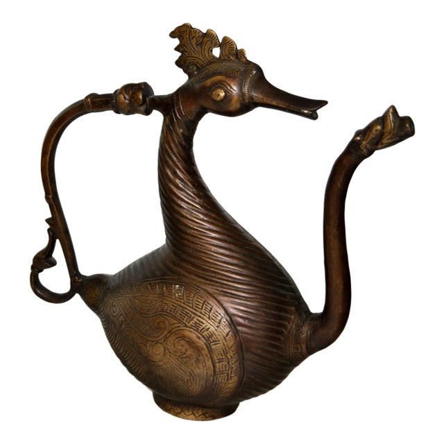19th C Antique Mughal Bronze Ewer Deccani Swan Hamsa Aquamanile For Sale