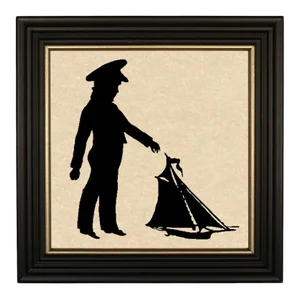 "Boy With Pond Boat" Contemporary Paper Cut Silhouette, Framed