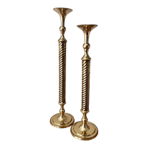 Vintage Tall Graduated Lacquered Brass Twisted Candlestick Holders-Set of Two