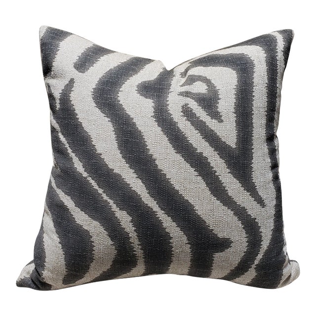 Lacefield Designs Zebra Ikat Steel Gray Sand Linen Animal Fabric For Sale