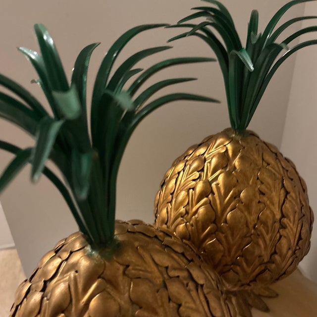 Vintage Tole Pineapple Topped With Green Palm - Sold as a Pair For Sale - Image 6 of 10