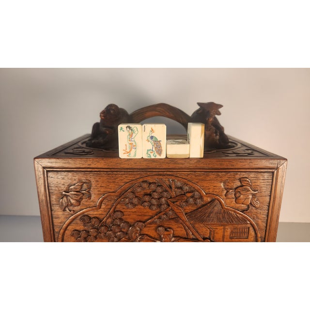 Art Deco One-of-a-Kind Antique Mahjong Set From the 1920s in Amazing Carved Box For Sale - Image 3 of 16