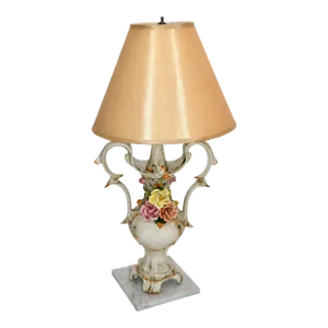 1950s Marked Capodimonte Majolica Porcelain Floral & Basket Weave Table Lamp Italy Marble Base