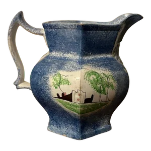 Large Antique Early 19th Century English Staffordshire Blue Spatterware Spongeware Pitcher