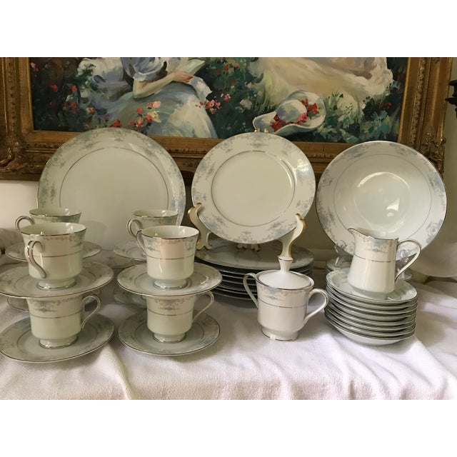 Vintage , Fashion Royale Fine China Heirloom Blue White Silver Rim Set