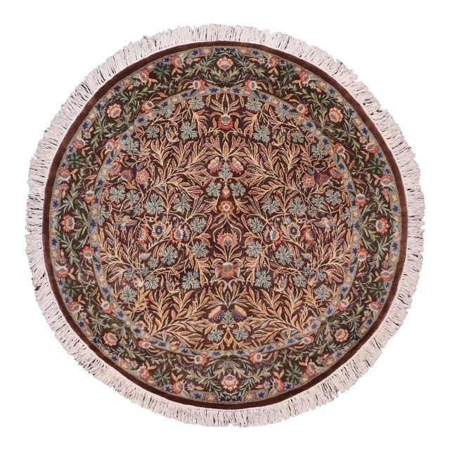 Shabby Chic Botanical 1990's Pak-Persian Brown/Gray Wool Round Rug - 6'2'' X 6'3'' For Sale