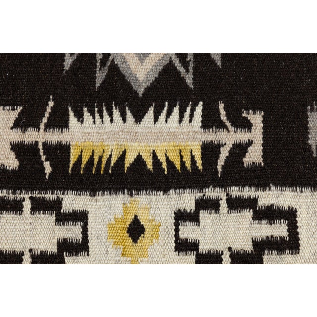 Modern Navajo Style Handmade Wool Area Rug in Black, Cream & Ochre Accent For Sale - Image 4 of 8