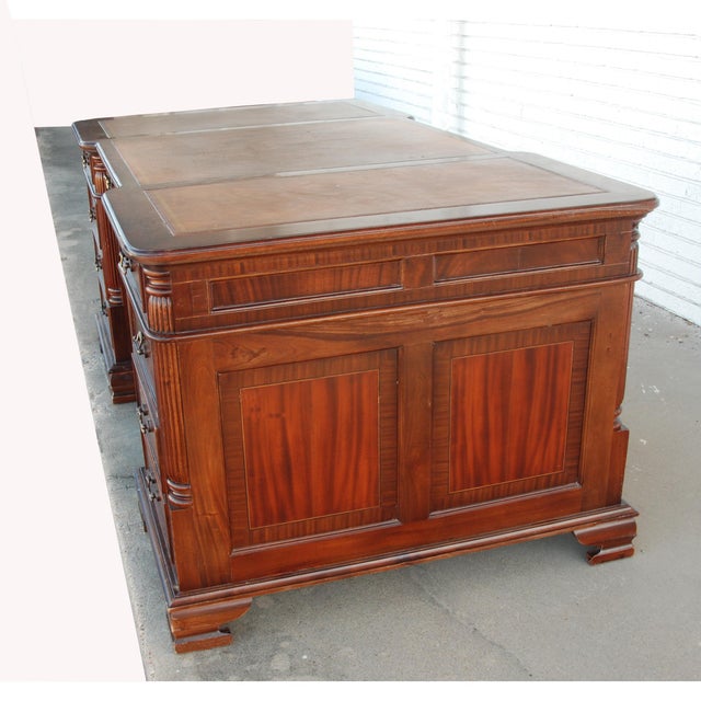 Wood English Leather Top Partner Desk For Sale - Image 7 of 11