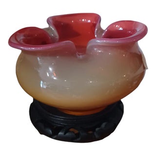 Vintage Bohemian Ruffled Glass Vase on Stand For Sale