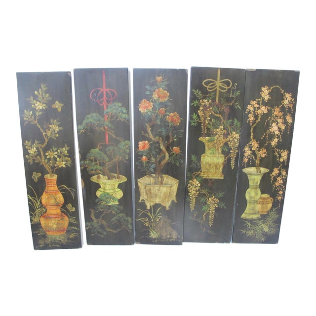 Hand Painted Decorative Chinese Floral Panels - Set of 5 For Sale