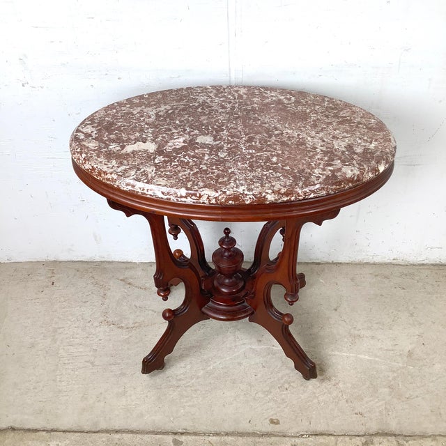 Victorian Revival Marble Top Center Table With Carved Walnut Pedestal Base For Sale - Image 16 of 18