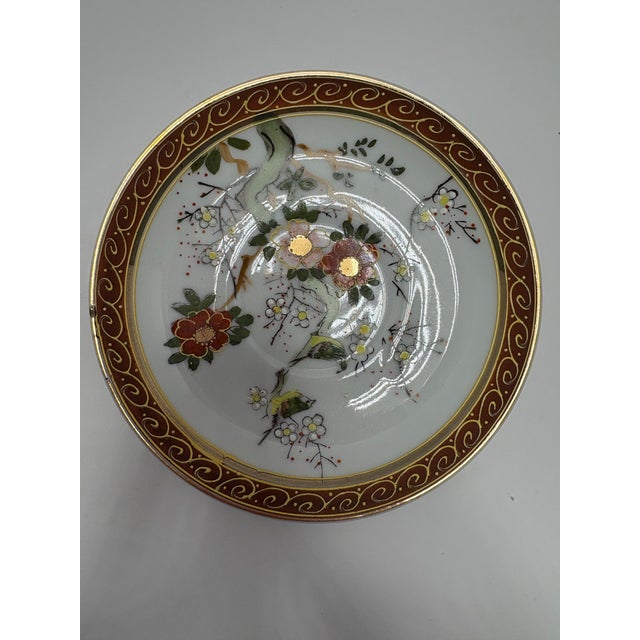 Mid 20th Century Vintage Taiei Japan Teacup & Saucer | Bird Floral Porcelain Tea Cup | Burgundy Gold Scroll Trim | Hidden Lithophane Portrait Effect For Sale - Image 5 of 8