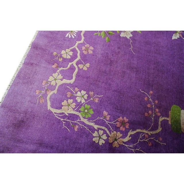 1920s Antique Purple Vase Bird Chinese Handknotted Art Deco Wool Room Size Rug For Sale - Image 9 of 9