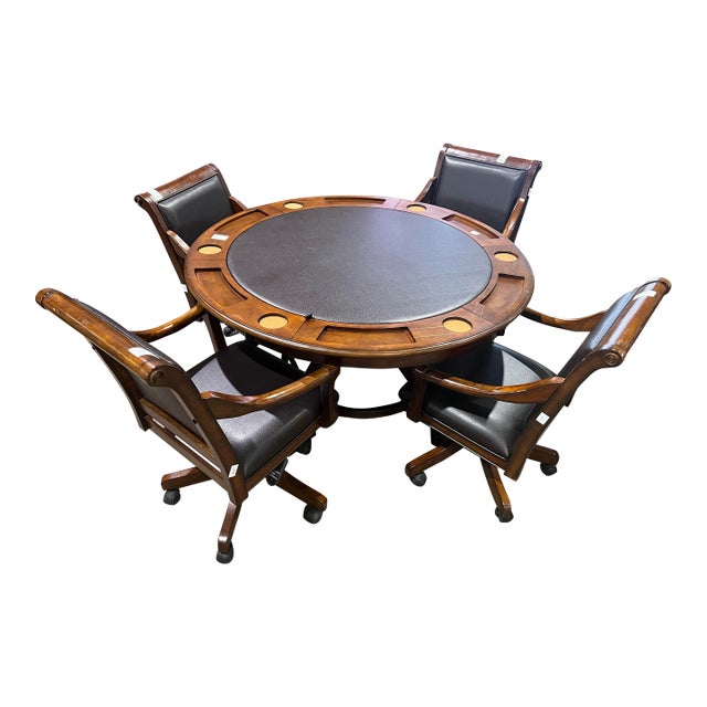 Hillsdale Home Dark Wood and Leather Game Table With Chairs For Sale