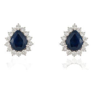 8.01ct Royal Blue Sapphire & 2.19ct Diamond Halo Pear Stud Earrings in 14k White Gold- A Pair For Sale